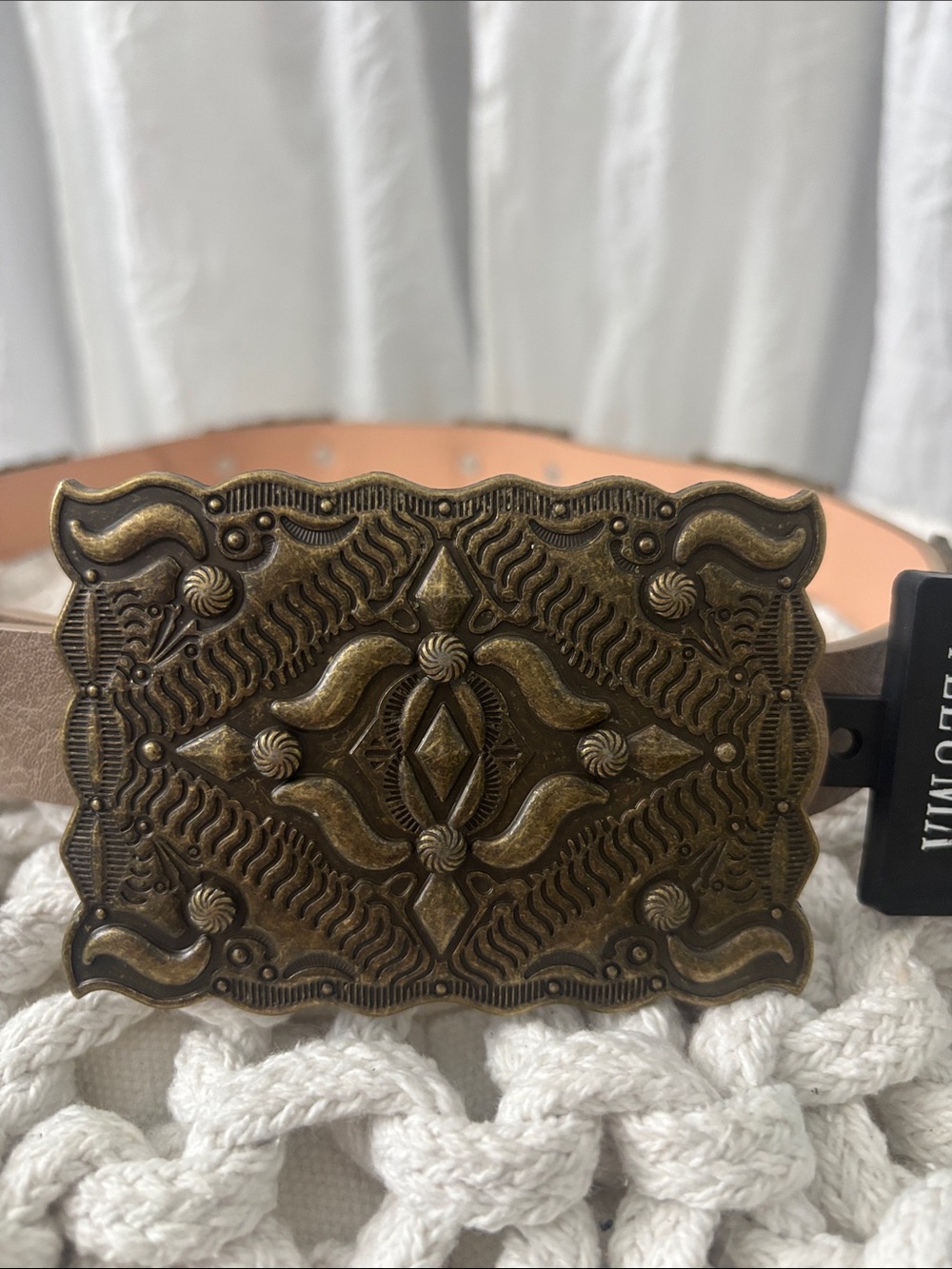 Lilliana Taupe Leather Belt with Ornate Antique Brass Buckle